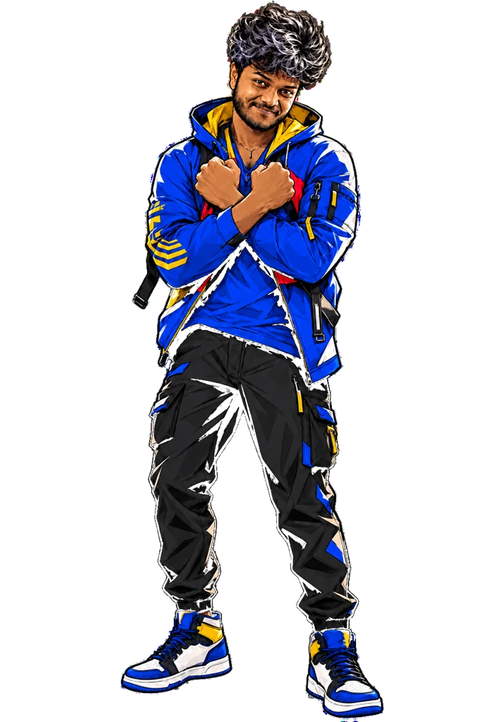 Illustrated portrait with arms crossed, in a blue jacket